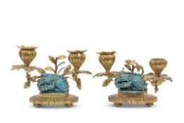 Pair of Chinese gilt metal candlesticks, both with turquoise glazed dragons, late 19th century, both