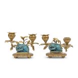 Pair of Chinese gilt metal candlesticks, both with turquoise glazed dragons, late 19th century, both