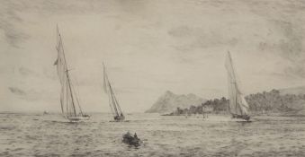 Lieut-Com Rowland Langmaid, RN (1897-1956), "Holy Island, Arran", black and white etching, signed in