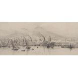 William Lionel Wyllie, RA, RI, RE (1851-1931), "Bay of Naples with Mt Vesuvius", black and white