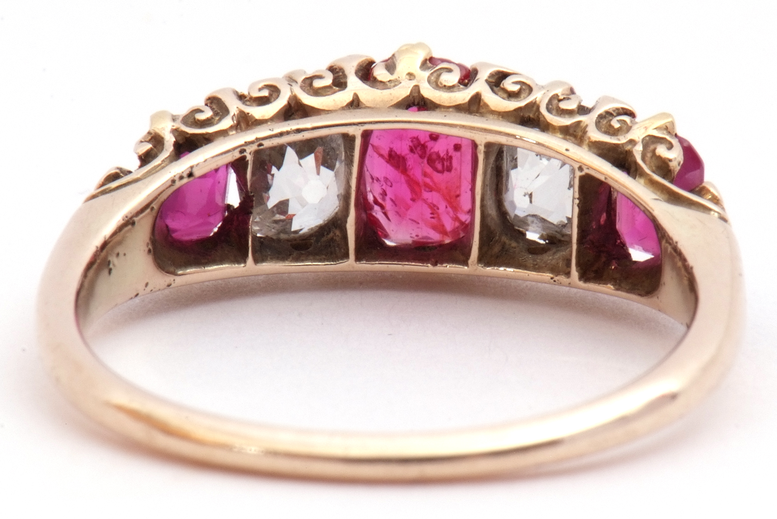 Ruby and diamond five stone ring, an alternate design featuring three graduated cushion cut rubies - Image 4 of 8