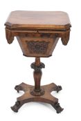 Victorian rosewood work table, the rectangular top with canted corners over plush lined interior,