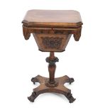 Victorian rosewood work table, the rectangular top with canted corners over plush lined interior,