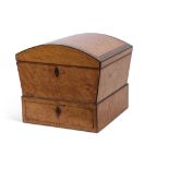 Unusual 19th century birds eye maple veneered domed top rectangular jewel box with parquetry inlays,