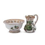 Spode miniature hydra jug with matching basin, the pieces with a green floral design within gilt