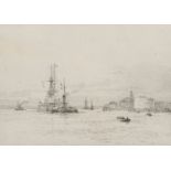 Lieut-Com Rowland Langmaid, RN (1897-1956), "Leaving Portsmouth", black and white etching, signed