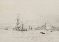 Lieut-Com Rowland Langmaid, RN (1897-1956), "Leaving Portsmouth", black and white etching, signed