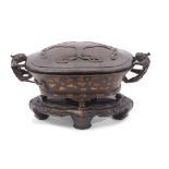 Chinese bronze gold or gilt splashed censer with Chilong handles, 18th/19th century, the oval body