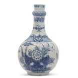 Bow porcelain water bottle or guglet circa 1760, decorated in underglaze blue with Lotus and bamboo,