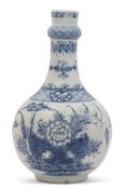 Bow porcelain water bottle or guglet circa 1760, decorated in underglaze blue with Lotus and bamboo,