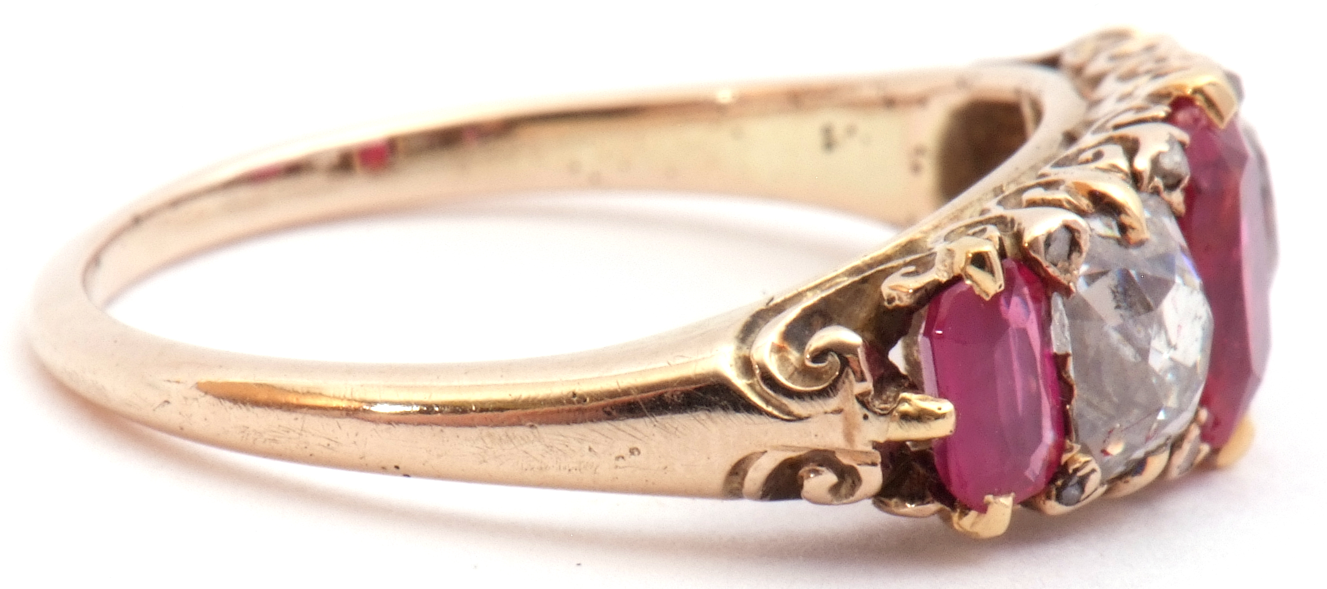 Ruby and diamond five stone ring, an alternate design featuring three graduated cushion cut rubies - Image 7 of 8