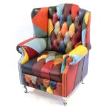 21st century designer harlequin leather wingback armchair in multi-coloured design on chromium feet,