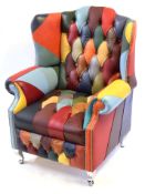 21st century designer harlequin leather wingback armchair in multi-coloured design on chromium feet,