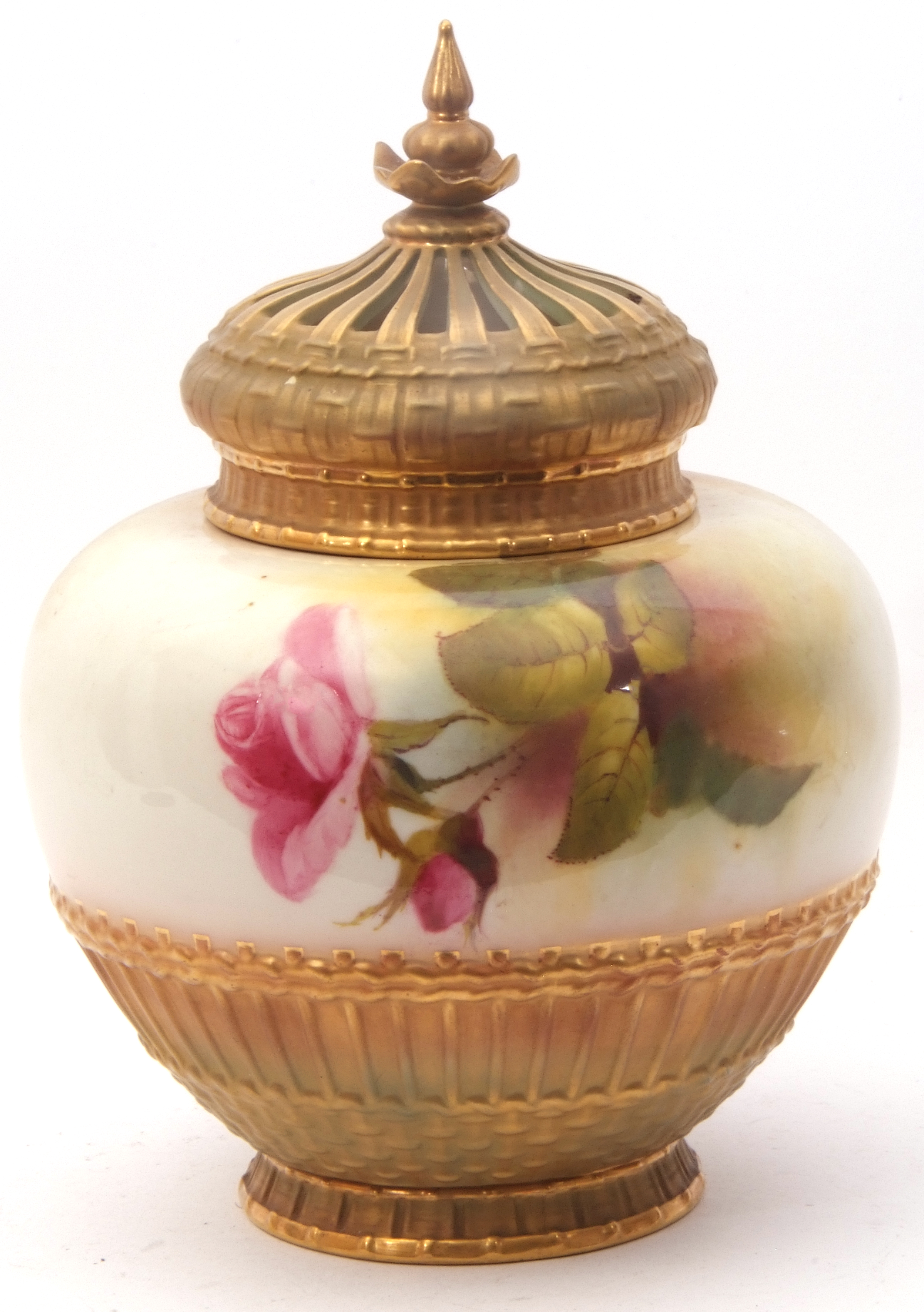 Royal Worcester globular pot pourri vase with gilt pierced cover, decorated with roses, signed by - Image 5 of 10