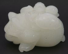 Large pale celadon jade model of a frog with tortoise and other beasts on its back, 9cm long