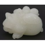 Large pale celadon jade model of a frog with tortoise and other beasts on its back, 9cm long