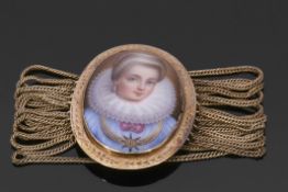 Mid 19th century oil miniature on oval ceramic panel, depicting an Elizabethan lady with ruff within