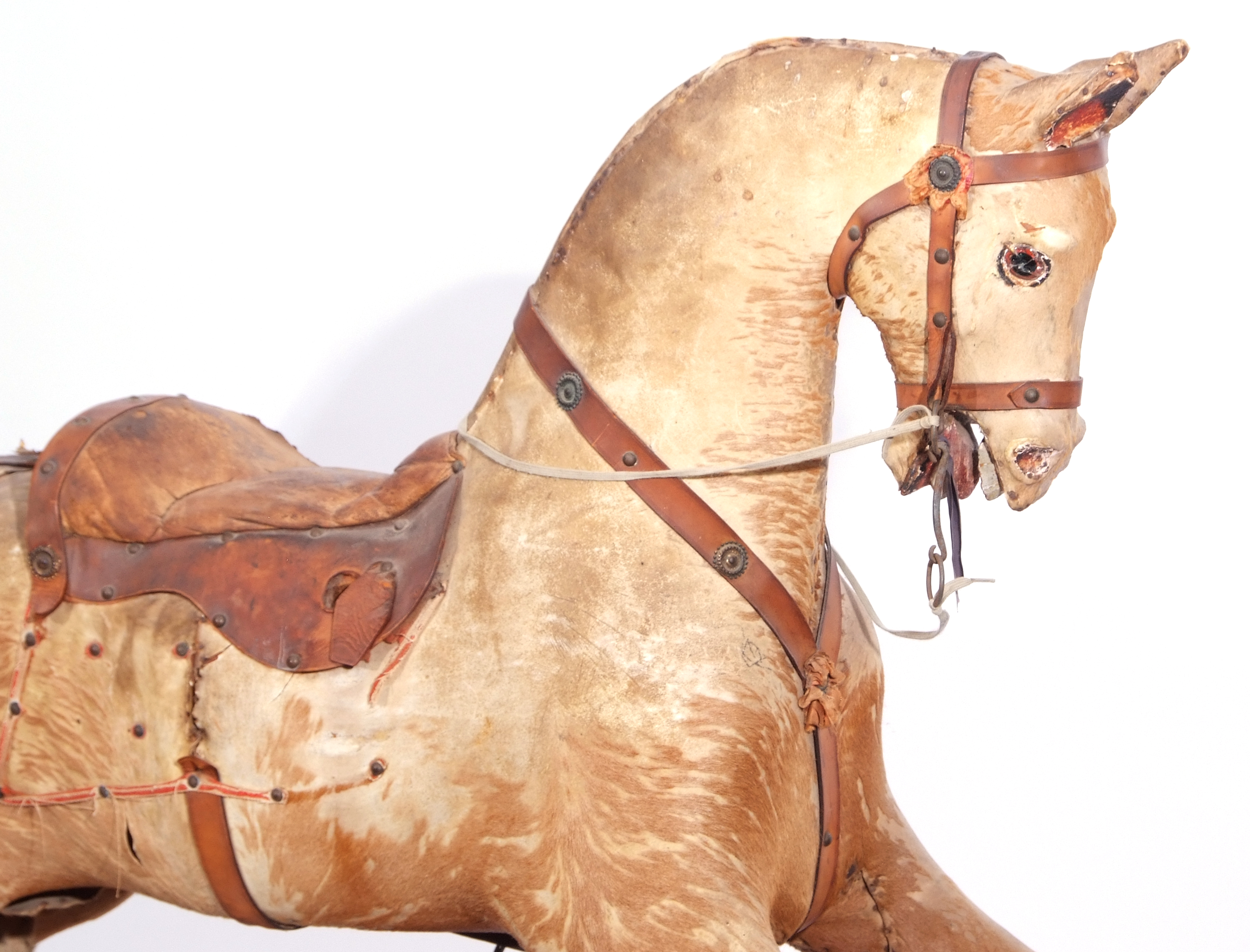 Vintage rocking horse (retailed by Hamleys) on a stained pine support (for restoration), 125cm high - Image 3 of 4