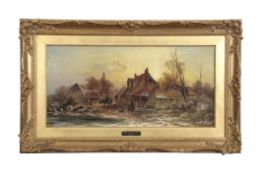 Attributed to George Augustus Williams, Winter landscape with figures and animals before a house and