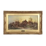 Attributed to George Augustus Williams, Winter landscape with figures and animals before a house and