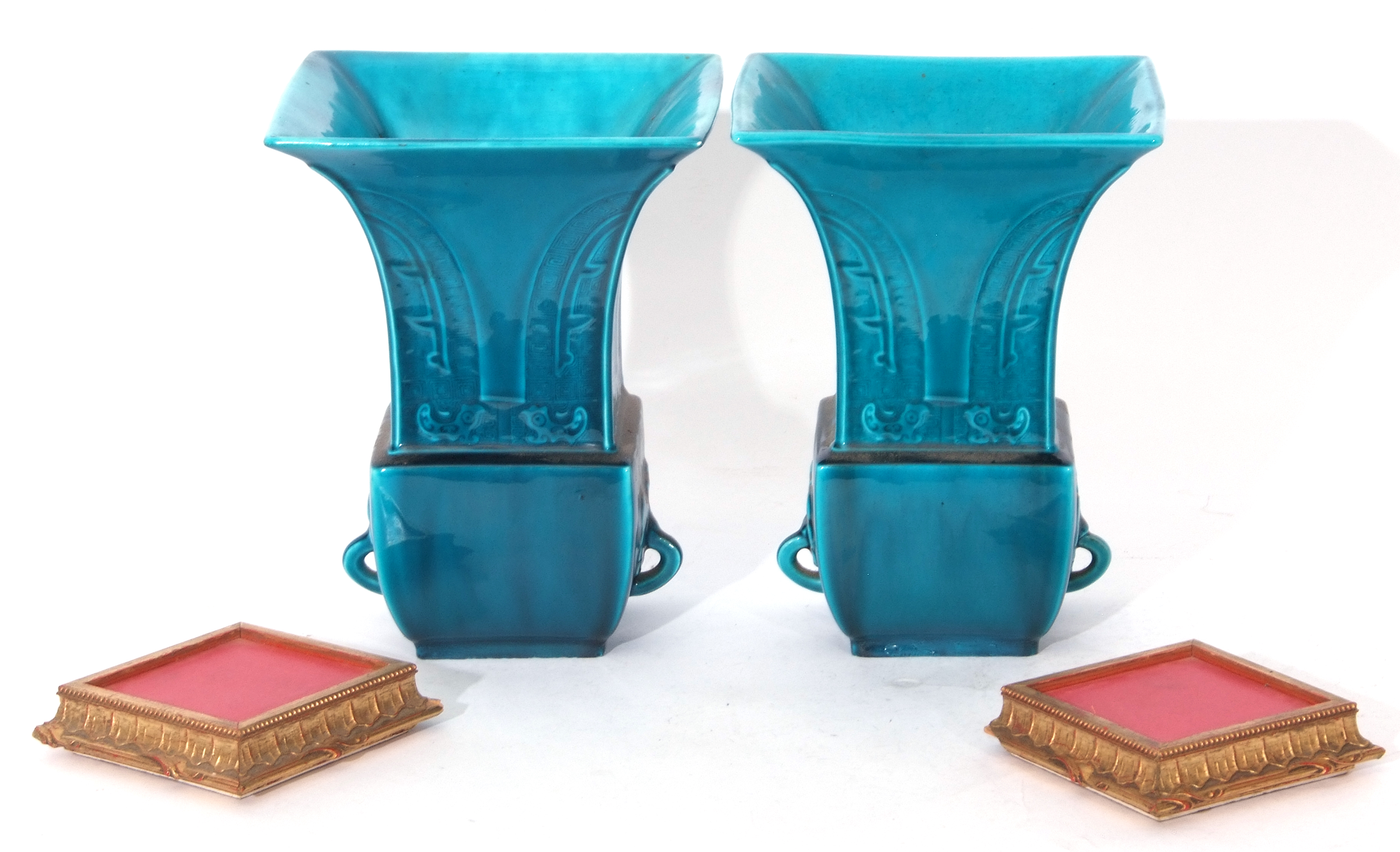 Pair of Theodore Deck blue faience vases of archaic Chinese form decorated with a geometric - Image 6 of 8