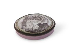 Bilston pink enamelled patch box of oval form with gilt metal frame, the hinged lid transferred to