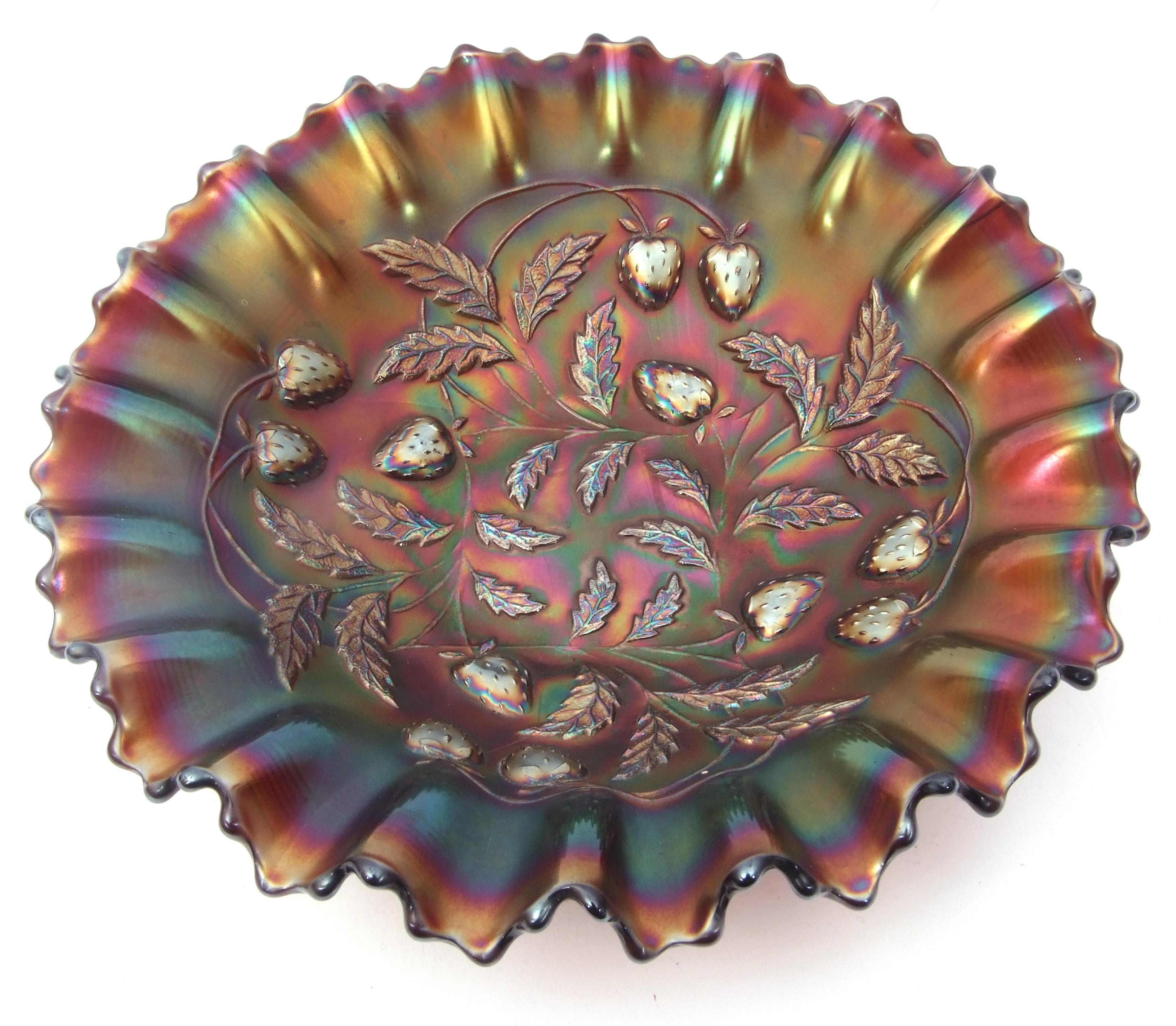 Millersburg green carnival glass dish in the Cosmos pattern, an Imperial aqua/teal pansy dish, a - Image 5 of 8