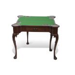 Reproduction mahogany fold-top card table, green plush lined inset over a central frieze drawer
