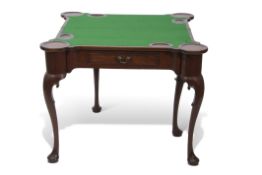 Reproduction mahogany fold-top card table, green plush lined inset over a central frieze drawer