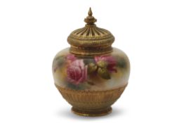 Royal Worcester globular pot pourri vase with gilt pierced cover, decorated with roses, signed by
