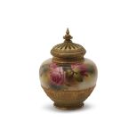 Royal Worcester globular pot pourri vase with gilt pierced cover, decorated with roses, signed by
