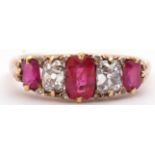 Ruby and diamond five stone ring, an alternate design featuring three graduated cushion cut rubies