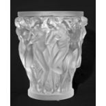 Modern issue Lalique Bacchantes vase of footed cylindrical form, relief moulded with a frieze of