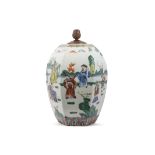 Late 19th /20th century famille vert jar of octagonal form, each panel decorated with attendants in