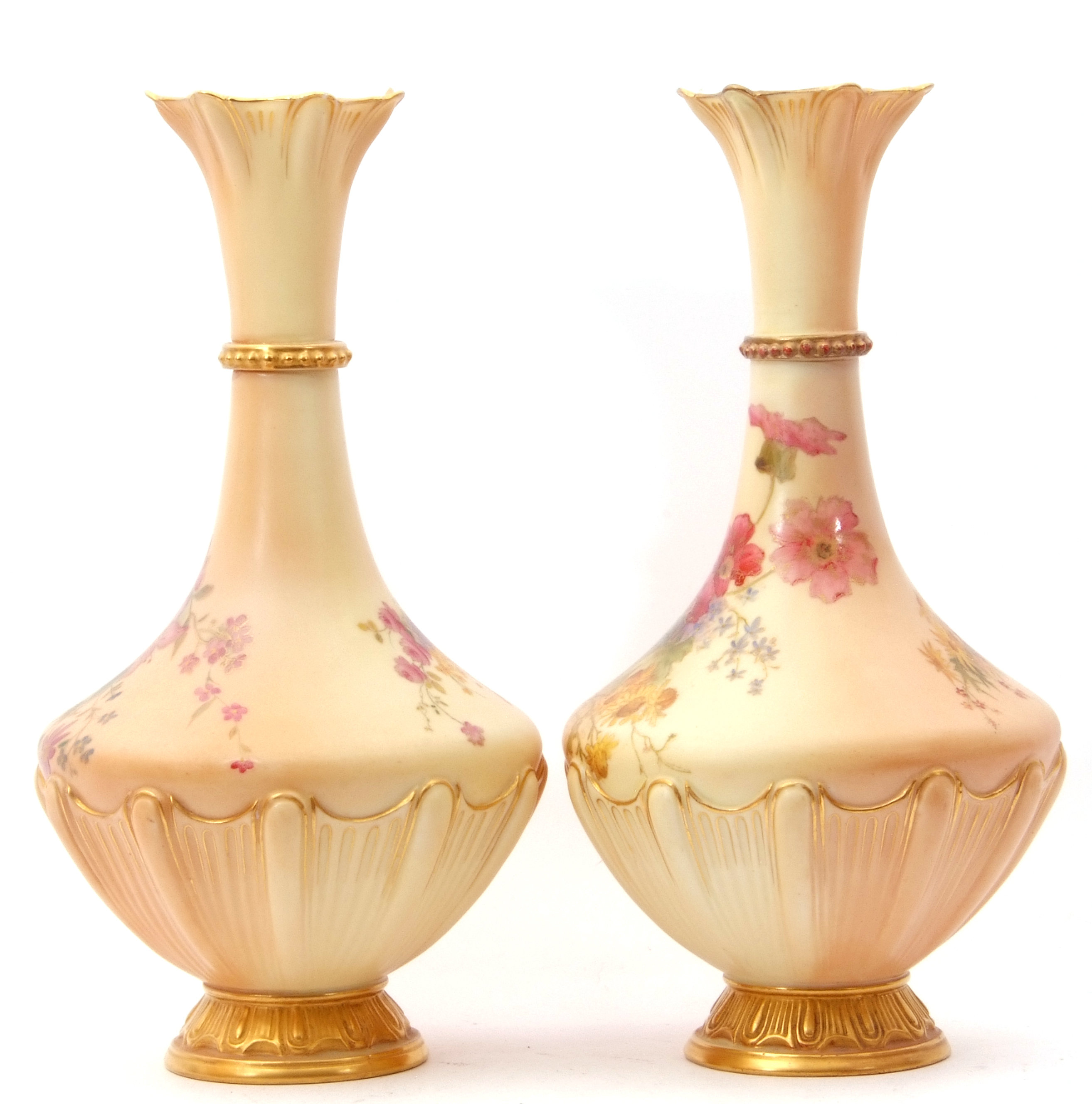 Pair of early 20th century Royal Worcester vases, shape 1538, the blush ground bodies decorated with - Image 2 of 4