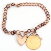 Victorian gold sovereign dated 1893, suspended on a curb link 9ct gold bracelet with padlock, g/w