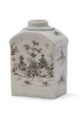 Lowestoft tea caddy with sepia decoration of pagoda and trees with islands and sampan decoration