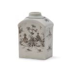 Lowestoft tea caddy with sepia decoration of pagoda and trees with islands and sampan decoration