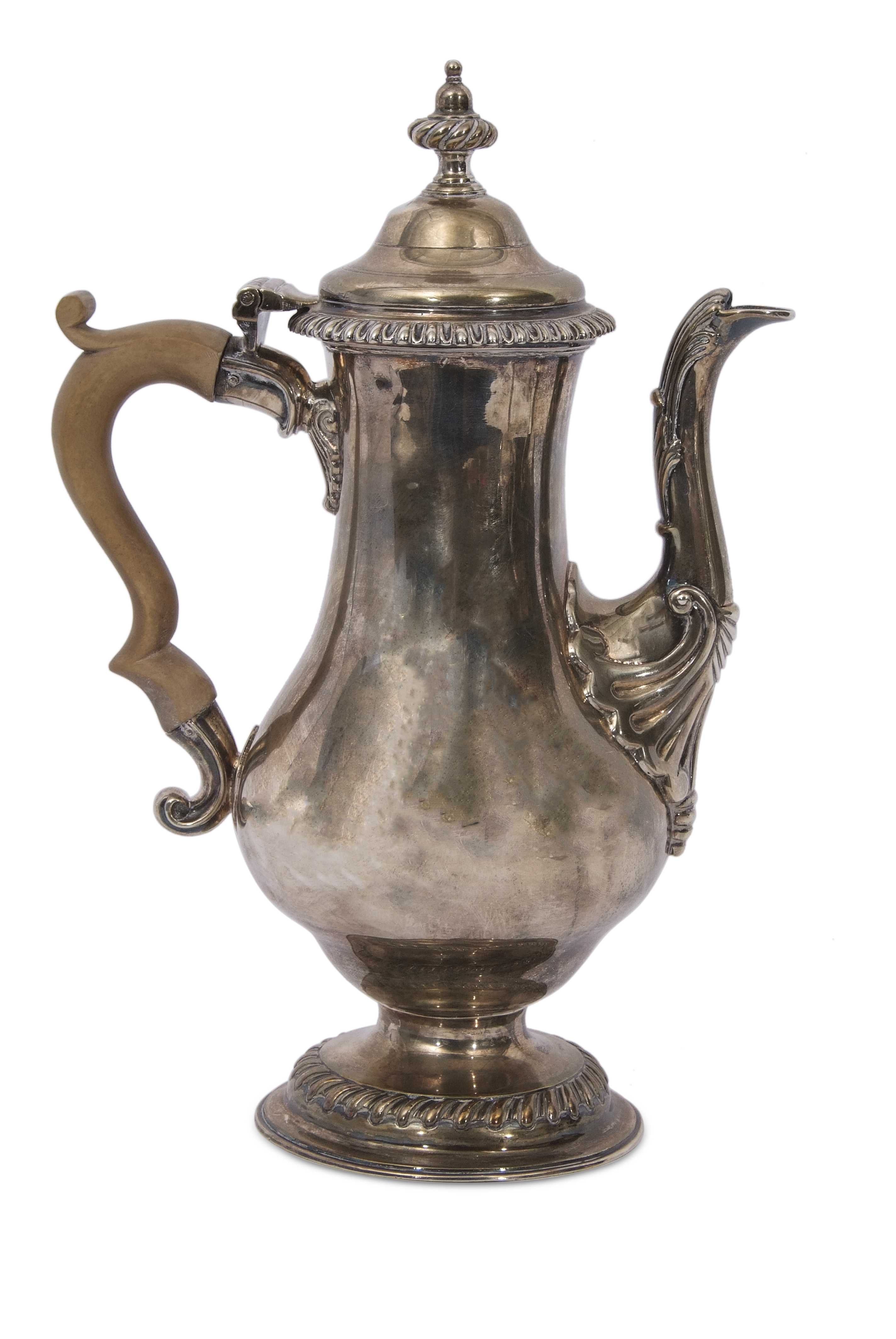 Late George II coffee pot of typical baluster form having gadrooned urn finial and rim to the hinged