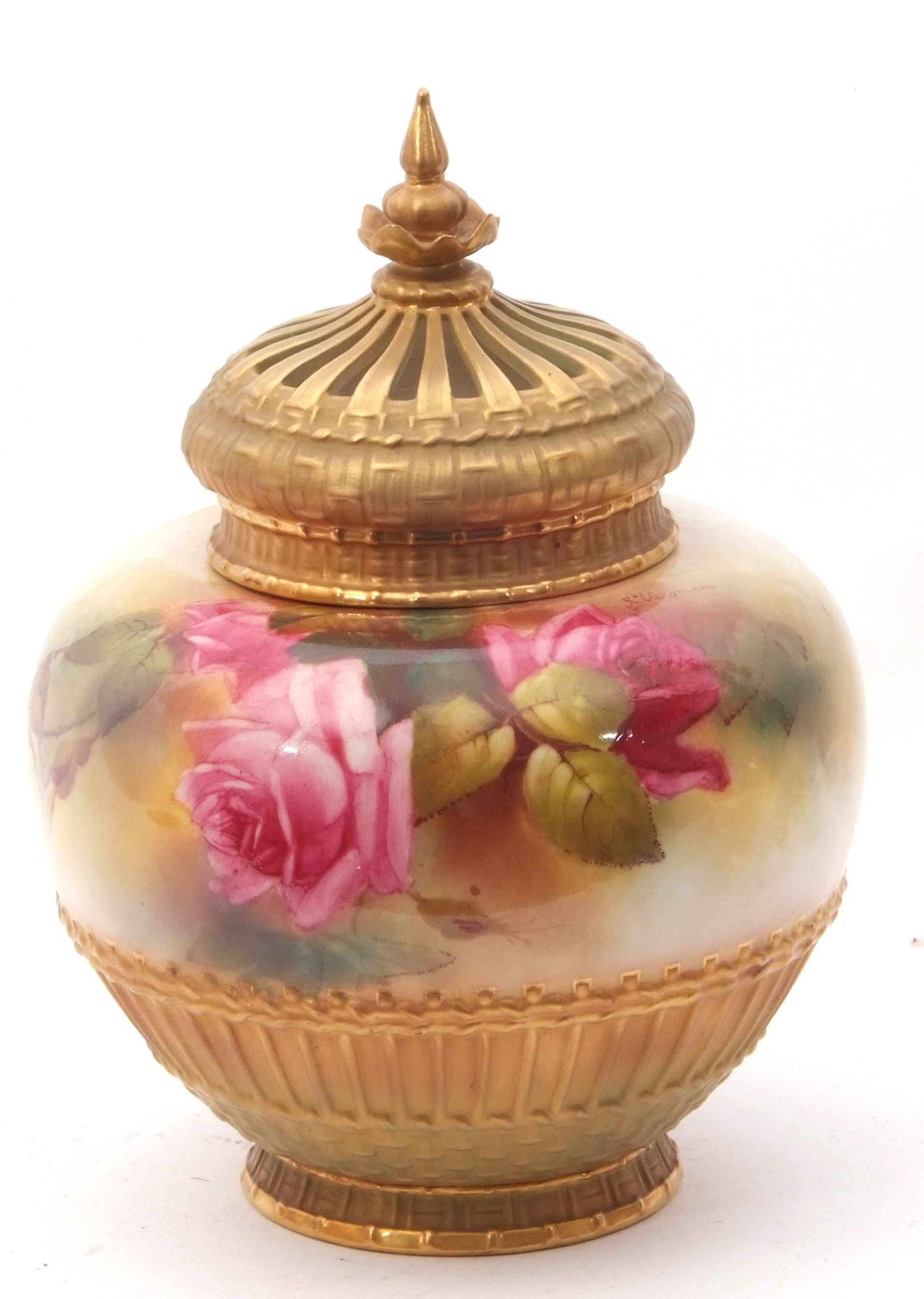 Royal Worcester globular pot pourri vase with gilt pierced cover, decorated with roses, signed by - Image 3 of 10