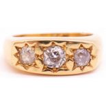 18ct gold three stone diamond ring featuring three graduated round old cut diamonds, approx 1ct,