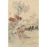 Three Japanese woodblock prints, all Meiji period, to include a scene with a hen and a rooster and