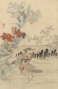 Three Japanese woodblock prints, all Meiji period, to include a scene with a hen and a rooster and
