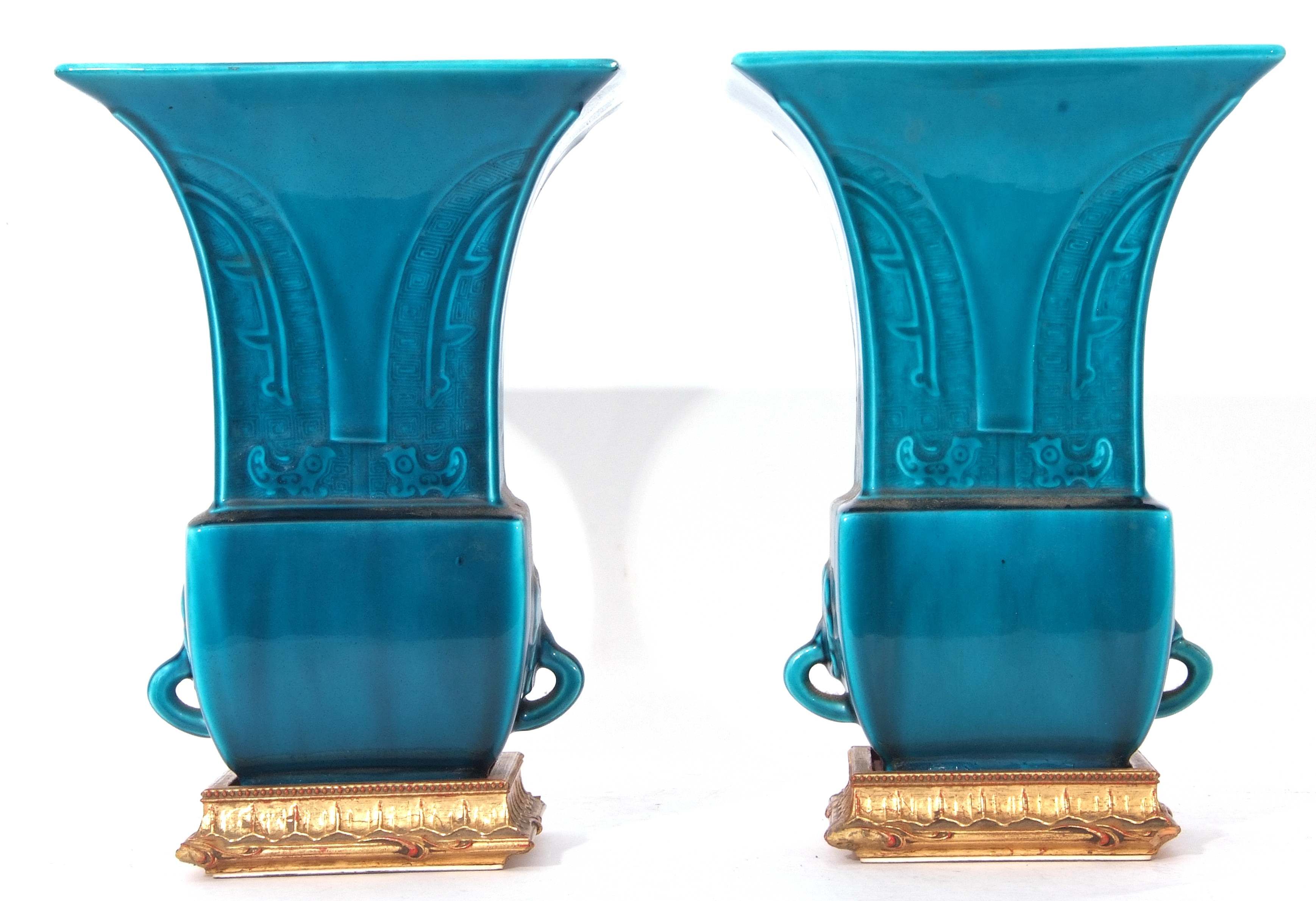 Pair of Theodore Deck blue faience vases of archaic Chinese form decorated with a geometric - Image 4 of 8