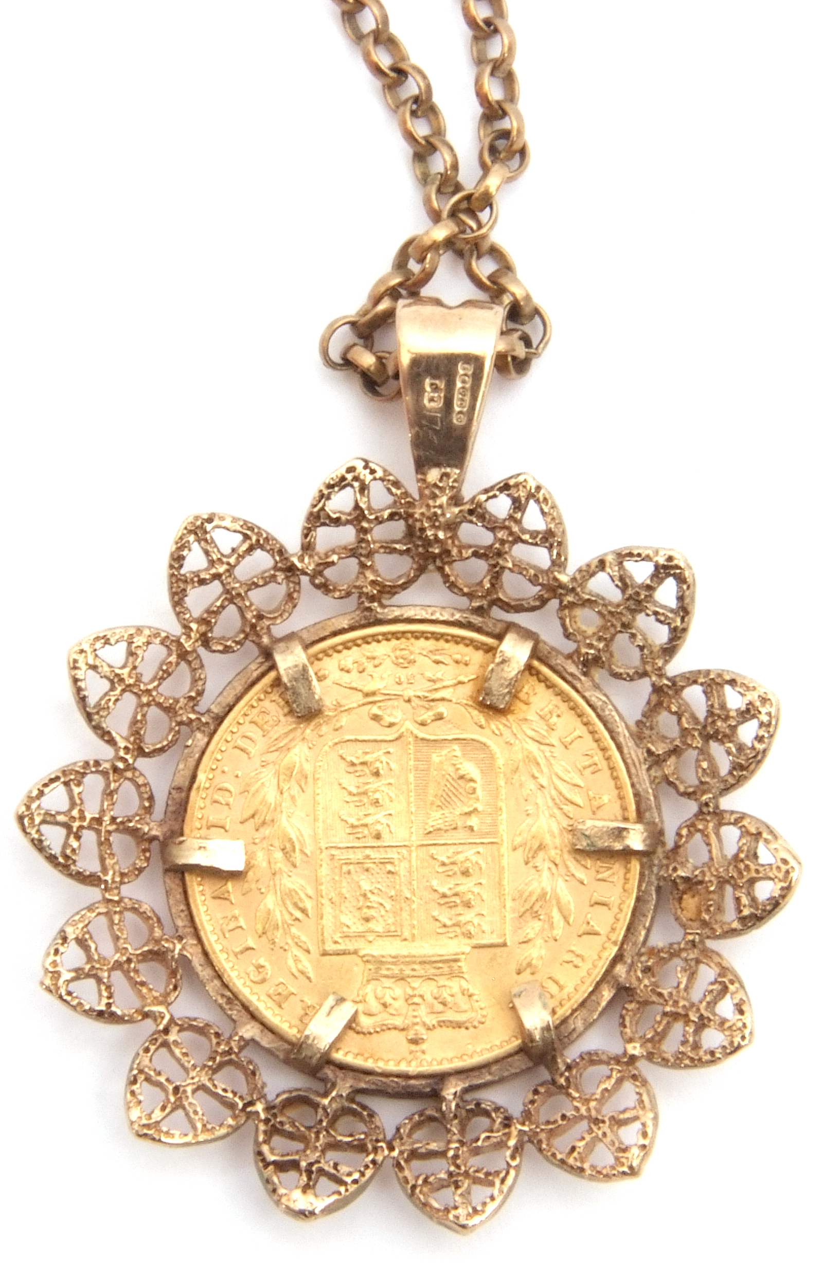 Victorian gold shield back sovereign within a hallmarked 9ct gold filigree leaf edge design pendant, - Image 4 of 4