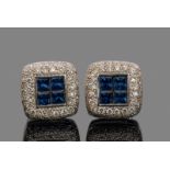 Pair of sapphire and diamond square cluster earrings, the centres with four calibre cut sapphires