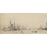 William Lionel Wyllie, RA, RI, RE (1851-1931), "Naval fleet at anchor", black and white etching,