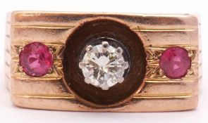 Diamond and ruby ring featuring a round brilliant cut diamond, 0.33ct approx, multi-claw set and