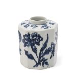 Rare Lowestoft tea caddy of octagonal form printed with flowers in shades of dark and light blue,