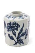 Rare Lowestoft tea caddy of octagonal form printed with flowers in shades of dark and light blue,